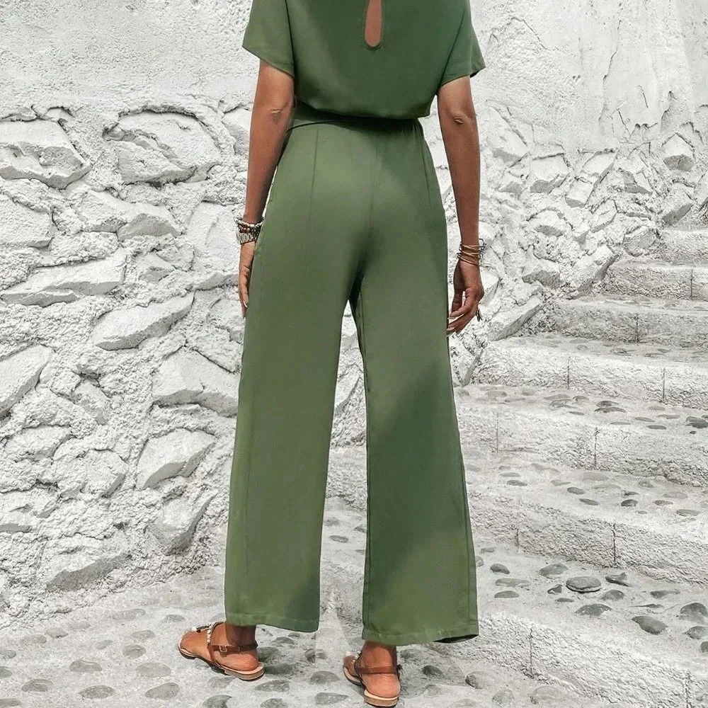 Army Green Preppy Womens Solid Batwing Sleeve Belted Jumpsuit - Picture 3 of 4